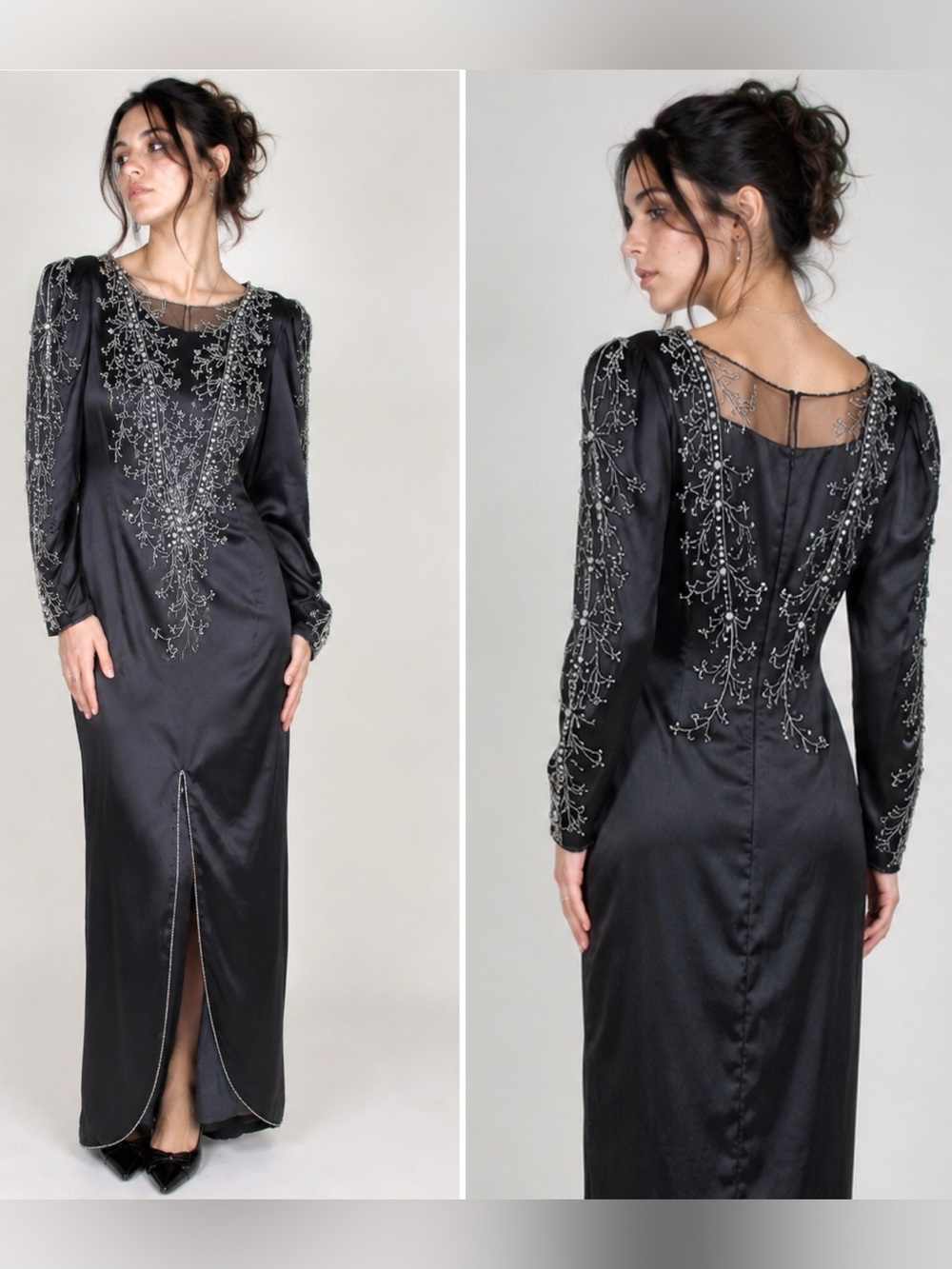 Vintage 90s Black Hand Beaded Maxi Dress Gothic Whimsigoth Dark Romance Formal